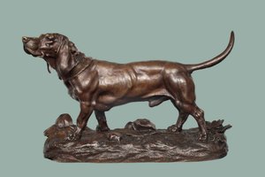 En Basset Hound (bronze med brun patina) af Jules Pierre Moigniez