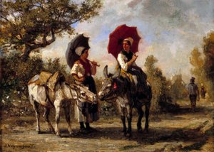 La promenade et æsel Maleri af Jules Veyrassat (1828-1893) Privat samling fra det 19. århundrede