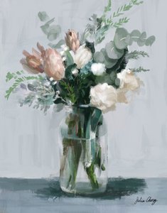En buket med lyserøde og cremefarvede blomster