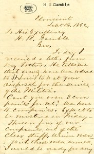 Brev underskrevet Julian Bates, Florissant, til Hans Excellence H.R. Gamble, 16. september 1862 af Julian Bates