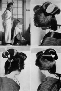 Det tager to timer for en geisha-frisure, frisuren, varer flere dage, c1900, 1921.