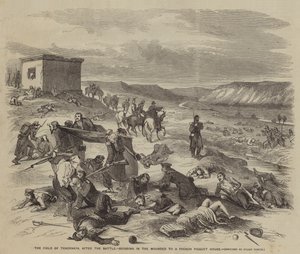 Tchernaya-marken, efter slaget, bringer de sårede ind til et fransk Picquet-hus af Julian Portch