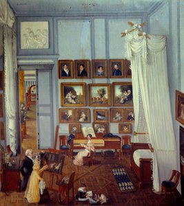 Indvendigt billede af residensen for Ridder Pradel af Saint Charles En stor himmelseng pryder rummet, der bruges som værksted. Et barn spiller, og en ung kvinde står foran et klaver. Maleri af Julie Pradel (1800-tallet) 1820 Privat samling af Julie Pradel