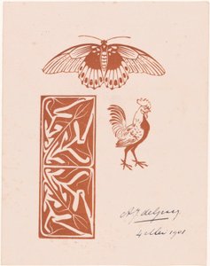 Sommerfugle-, hane- og bladarbejde af Julie de Graag (signed by artist)