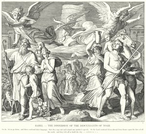 Babel, spredningen af Noas efterkommere (gravering) af Julius (after) Schnorr von Carolsfeld
