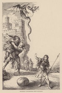 Brunhild kæmper med Gunther (kobberstik) af Julius (after) Schnorr von Carolsfeld