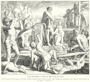 Kain bygger en by i landet Nod (gravering) af Julius (after) Schnorr von Carolsfeld