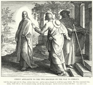 Kristus viser sig for de to disciple på vej til Emmaus (gravering) af Julius (after) Schnorr von Carolsfeld