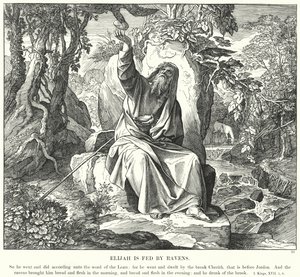 Elias bliver fodret af ravne (gravering) af Julius (after) Schnorr von Carolsfeld