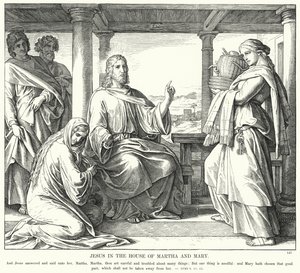Jesus i huset til Martha og Mary (gravering) af Julius (after) Schnorr von Carolsfeld