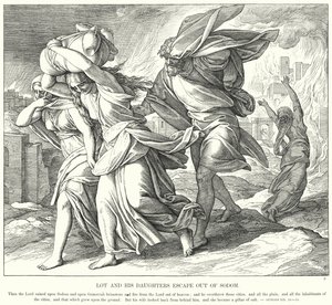 Lot og hans døtre flygter ud af Sodoma (gravering) af Julius (after) Schnorr von Carolsfeld