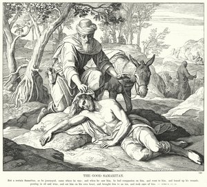 Den barmhjertige samaritaner (gravering) af Julius (after) Schnorr von Carolsfeld