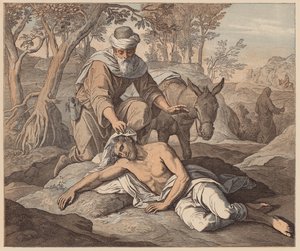 Den barmhjertige samaritaner, Lukas, X, 33, 34 (koloreret kobberstik) af Julius (after) Schnorr von Carolsfeld