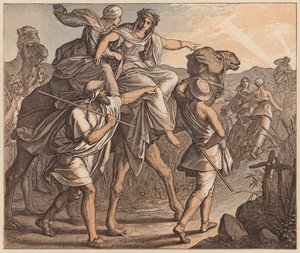 Mødet mellem Isak og Rebekka, 1. Mosebog, XXIV, 64 (koloreret stik) af Julius (after) Schnorr von Carolsfeld