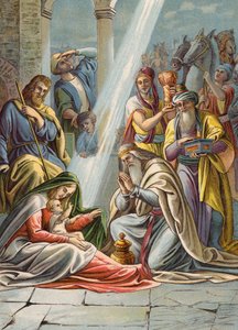 De tre vise mænd (farvelitografi) af Julius (after) Schnorr von Carolsfeld