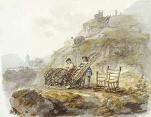 Metode til udvinding af tørv fra bakker nær Mallwyd, ca. 1792 (akvarel, blæk og blyant på papir) af Julius Caesar Ibbetson