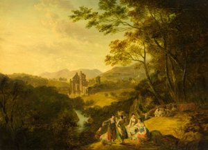 Rosslyn Castle with Washerwomen and Cattle, ca. 1800 (olie på lærred) af Julius Caesar Ibbetson