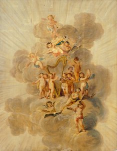 Winged Cherubs med musikinstrumenter, sektion af Music Rooms dekorative kant, Kenwood House, London (tapet) af Julius Caesar Ibbetson