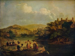 Kvinder vasker tøj i en walisisk strøm, 1790
