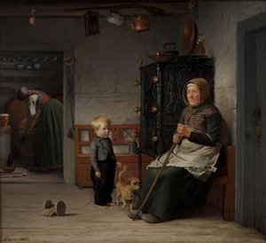 En fattig kone der venter på et krus øl i en bondestue