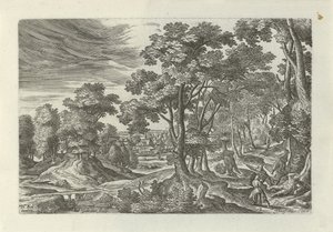Landskab med røveri på den rejsende Landskaber med scener fra lignelsen om den barmhjertige samaritaner (serietitel) af Julius Goltzius