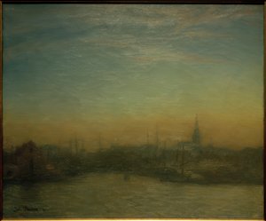 Udsigt over havnen efter solnedgang. København
