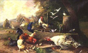 Fjerkræ ved en pumpe af Julius Scheuerrer
