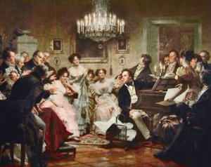 Franz Schubert (1797-1828) ved klaveret under en Schubert-aften i en salon i Wien - gravering efter Julius Schmid (1854-1935)