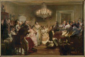 Schubert ved klaveret under en Schubert-aften i en wienersalon ... (oliemaleri) af Julius Schmid