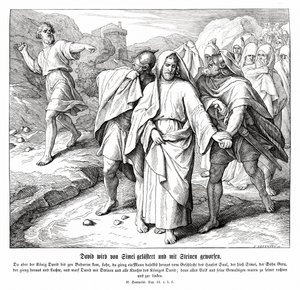 Shimei bander og kaster sten efter David, 2 Samuel af Julius Schnorr von Carolsfeld