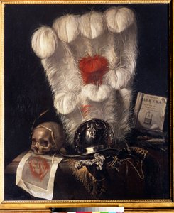 Forfængelighed (Vanity) med kranium omgivet af et øre af hvede, hjelm, dolk (eller sværd), horn, fjer og en kopi af "Electra" af Sophocles. Maleri af Jurlaen van Streeck (1632-1687). Olie på lærred, 98 x 84 cm af Jurian van Streeck or Streek