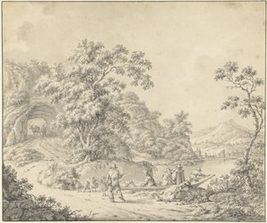 Landskab med en båd, hvori en hyrde med sin flok af Jurriaan Andriessen (attributed to)