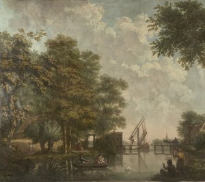 Tre vægbeklædninger med hollandsk landskab Tapet maleri af et hollandsk landskab med en åben bro Tre tapetmalerier af et hollandsk landskab af Jurriaan Andriessen (attributed to)