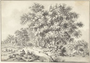 Landskab med siddende mand med hund og vandrere på landevej af Jurriaan Andriessen (possibly)