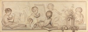Seks Putti med Blomster og Frugt og Tegnekunstens Attributter af Jurriaan Andriessen (signed by artist)