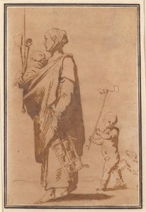 En mor med et barn og køkkenredskaber efterfulgt af en dreng og en hund af Jusepe de Ribera
