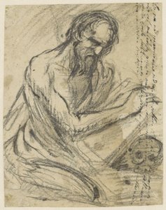 H. Hieronymus, skriver i en bog, han holder over et kranie af Jusepe de Ribera
