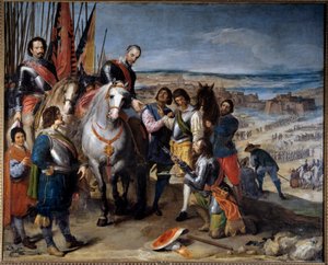 30-års krig (1618-1648). Den hollandske guvernør overrakte nøglerne til markisen af Balbases, Ambrosio de Spinola (1569-1630), som erobrede Juliers i 1622. Maleri af Jusepe Leonardo (1601-1656) af Jusepe or Jose (c.1605 1656) Leonardo