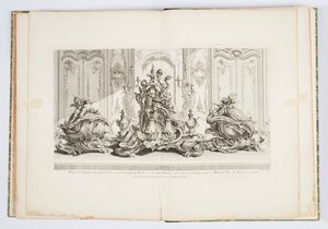 Projekt for en sølvskulptur af et stort bordcenter og de to terriner...Udført for Millord Kinston (sic) i 1735 (Design for centerpiece og to terriner til hertugen af ​​Kingston i 1735) plade 115 i værk af Just- Aurele Meissonnier af Juste Aurèle Meissonnier
