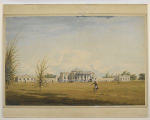 Et europæisk hus i Madras, en palanquin og vogn ved døren, en vandbærer i forgrunden af Justinian Gantz