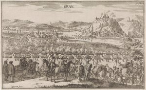 Slag bij Párkány i 1683 Gran (titel på objekt) af Justus van den Nijpoort