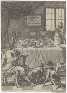 Zoilus sidder ved et dækket bord De Gustibus non est disputandum (titel på objekt) af Justus van den Nijpoort
