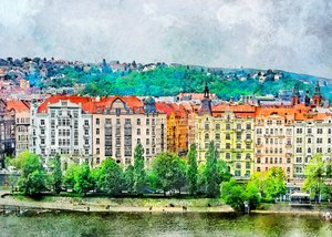 En livlig by ved floden af Justyna Jaszke