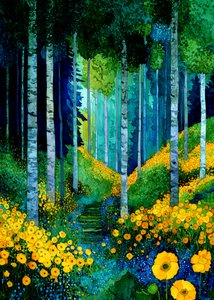 Sti gennem skoven med gule blomster af Justyna Jaszke