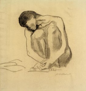 K. Kollwitz, hugsiddende nøgen kvinde