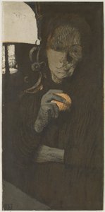 Portræt af en ukendt kvinde med orange ved en lampe Frau mit Orange (original titel) af Käthe Kollwitz