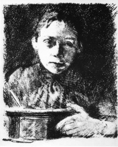 Selvportræt på tegnebrættet af Käthe Kollwitz