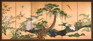 Forårets og sommerens fugle og blomster - Eino, Kano (1631-1697) - Anden halvdel af det 17. årh. - Akvarel og blæk på papir - 153x361 - Suntory Museum of Art af Kano Eino