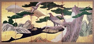 The Hawks in the Pines, foldeskærm med 6 paneler (pen og blæk, farve, guld på panel) (se 216561)
