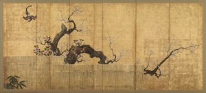 Blomstrende blomme og camellia i et havelandskab, Edo-periode, sent i det 16. århundrede fra det 17. århundrede. af Kano Koi
